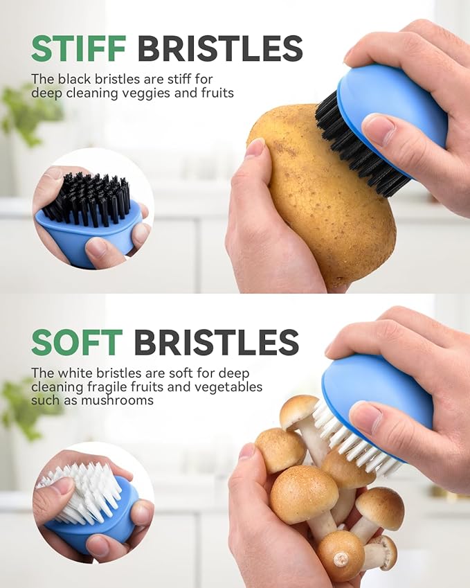 SXhyf Vegetable Brush Scrubber for Food [Black Stiff Bristles Brush + White Soft Bristles Brush] Potato Scrubber, Dishwasher Safe Veggie & Fruit Cleaning Brush for Mushrooms, Carrots, Lemons, Eggs