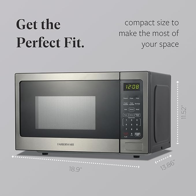 Farberware 0.9 Cu. Ft. Countertop Microwave Oven – 900 Watts Power, Auto Cook Settings, Defrost, Easy Clean and Child Safety Lock-Stainless, Stainless Steel