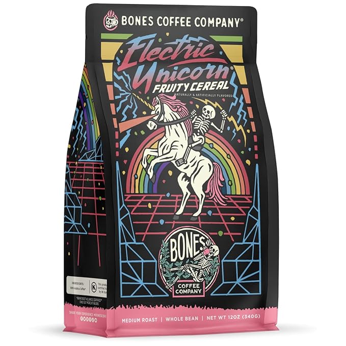 Bones Coffee Company Electric Unicorn, Fruity Cereal With Milk Flavored Coffee, Medium Roast Low Acid Arabica Beans Compatible with Auto drip and French Press Coffee Maker, 12 Oz Whole Bean