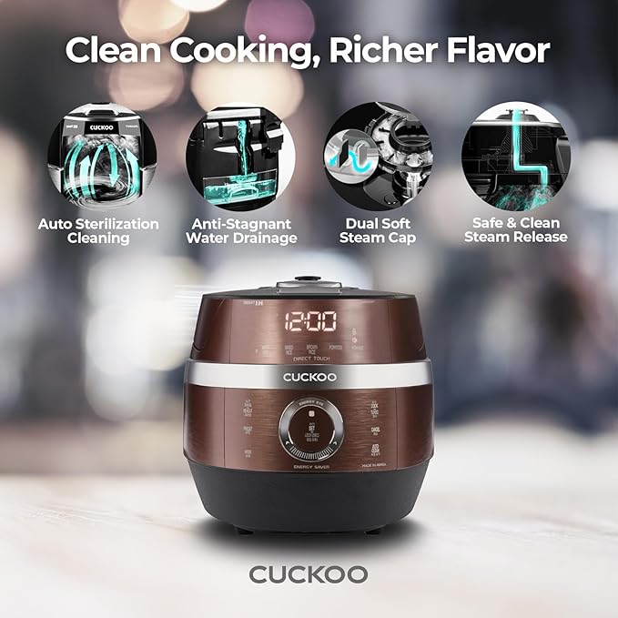 CUCKOO High Pressure Rice Cooker 10-Cup Uncooked / 20-Cup Cooked with Induction Heating Technology, Large Rice Maker with 16 Menu Options and Steam Plate, Voice Guide, Copper (CRP-JHR1009F)
