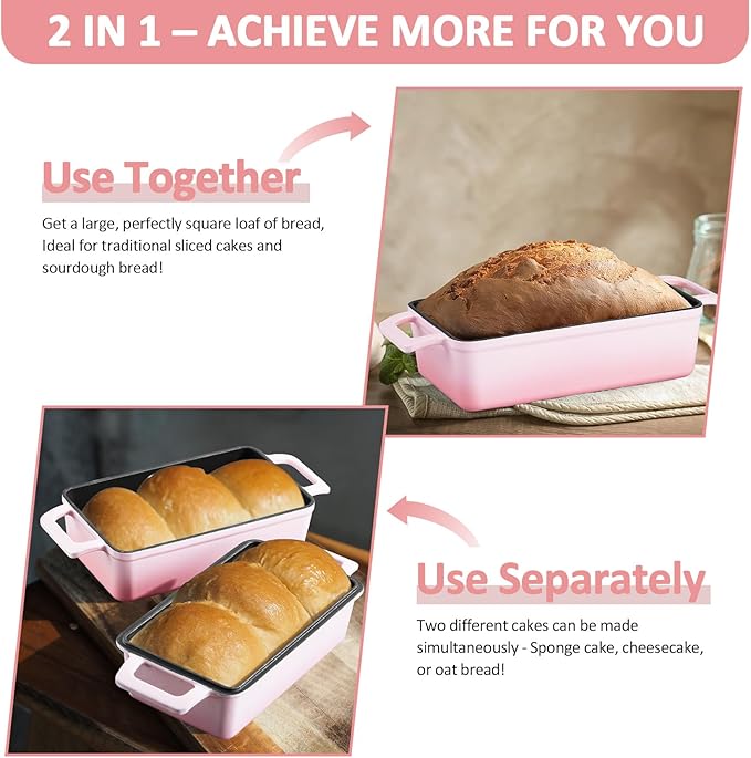 2-in-1 Cast Iron Bread Pan with Lid, Leonyo Enameled Cast Iron Loaf Pan, 9 x 6 inch Sourdough Baking Pan, Homemade Bread Dutch Oven for Pound Cake, Lasagna, Up to 500℉ & Pink
