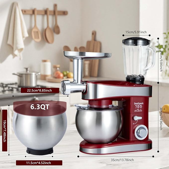 Multifunctional Stand Mixer 6.3Qt 6-Speed Tilt-head, Electric Kitchen Mixer with Stainless Steel Bowl,Meat Grinder, Juice Blender (Red)