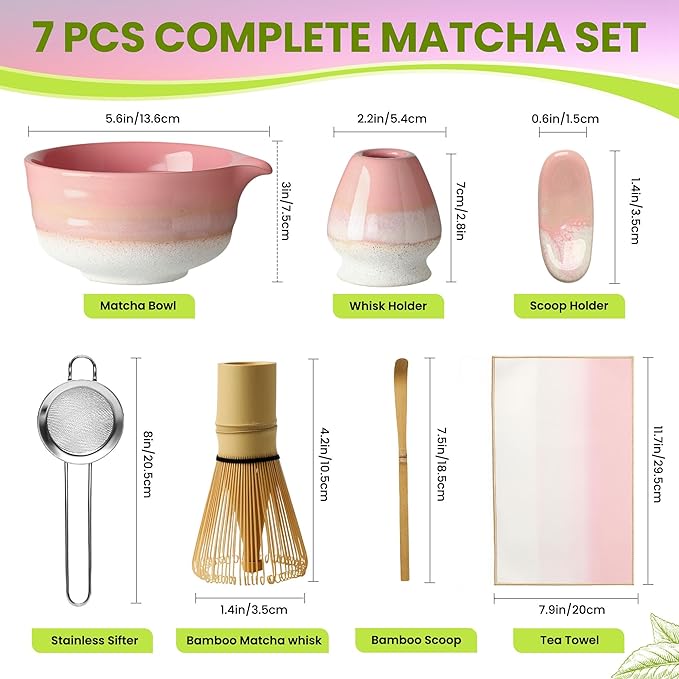 Matcha Whisk Set, Ceramic Matcha Set Desert Series, Matcha Bowl, Matcha Whisk and Holder, Bamboo Scoop, Scoop Rest, Sifter and Tea Towel 7 Pcs Matcha Kit for Birthday Christmas Gift (Pink)