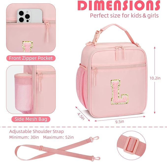 Initial Insulated Lunch Bag for Girls Kids, Back to School Gift, Reusable Leak-proof Lunch Box with Adjustable Strap for School Daycare Travel Picnic (Pink,L)