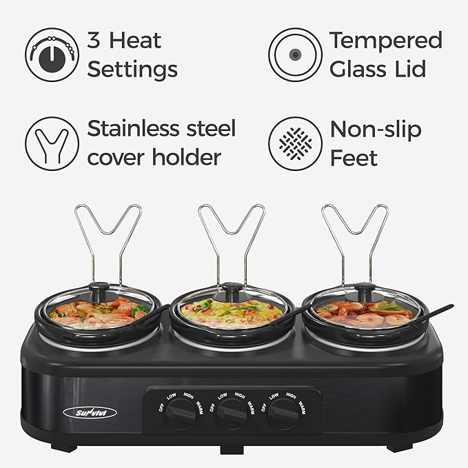 Sunvivi Triple Slow Cooker Buffet Servers and Warmer,3 Pot Food Small Mini Manual Slow Cooker with Adjustable Temp Stainless Steel Lid Rests,Removable Ceramic Pot, 3 * 1.5 Quarts Black