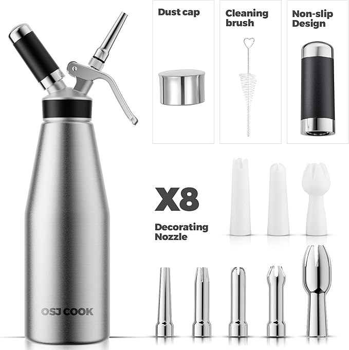 Professional Aluminum Whipped Cream Dispenser - 1000 mL/2 Pint,Leak-Free Whipped Cream Maker Canister with 8 Decorating Nozzles & Cleaning Brush - N2O Chargers (Not Included) (Silver, 1000ml)