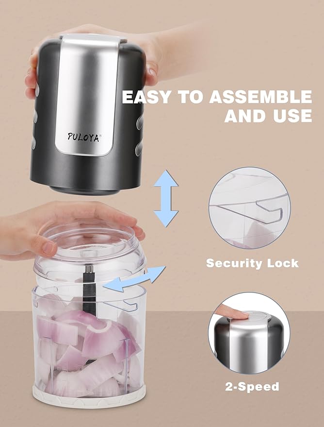 Mini Food Processor 2 Cup Small Electric Food Chopper 2 Speed for Vegetables, Meat, Fruits and Nuts with 4 Stainless Steel Blades, 400-Watt, Light Gray