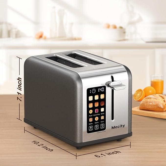 Mecity 2 Slice Touch Screen Toaster, 1.5" Wide Slot, Stainless Steel Smart Toaster for Bagels, Muffins, Waffles, Gluten-Free Breads, Defrost, Reheat, Timer, 120V 825W, Grey Pearl