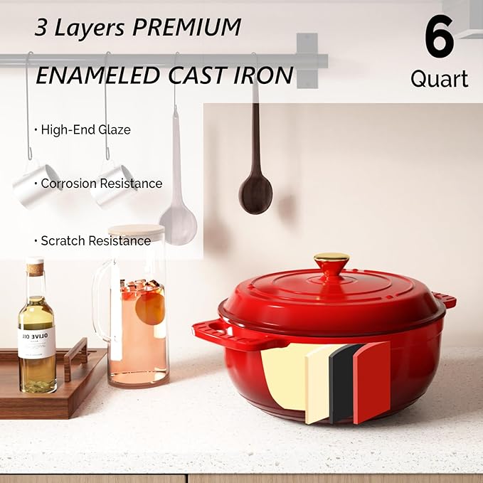 VINGLI 6QT Enameled Cast Iron Round Dutch Oven Pot with Lid, NonStick Casserole Pot with Dual Handles & Silicone GlovesRed, Oven Safe up to 500°F or on Stovetop, Dutch Oven for Bread Baking, Red