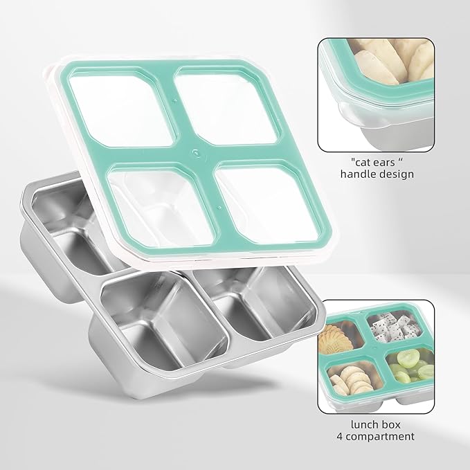4 Pack Stainless Steel Snack Containers with Lids 4 Compartment Food Storage Containers for Adults Meal Prep Reusablele for work or going out. (BLUE, 4)