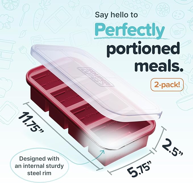 Souper Cubes 1 Cup Silicone Freezer Tray with Lids, Perfect for Storing Broth, Leftovers, Rice, Sauce and More, Silicone Soup Freezer Molds for Meal Prepping - Cranberry - 2-Pack