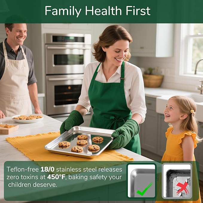 18/0 Stainless Steel Baking Sheet with Cooling Rack, Oven-Safe Non-Toxic Cookie Sheets for Baking, Set of 4, Coating Free & Rust Resistant for Healthy Family Baking, Easy to Clean, Heavy-Duty