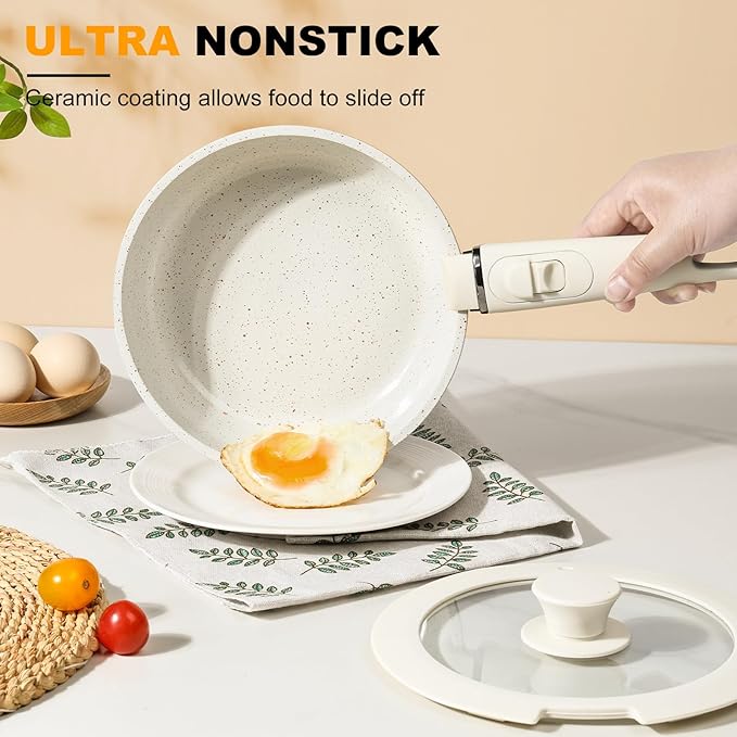 20 Pcs Pots and Pans Set Non Stick, Ceramic Cookware Set Detachable Handle, RV Kitchen Cooking Set Removable Handles, Oven Safe, Induction ReadyStackable Non-stick set Cream White