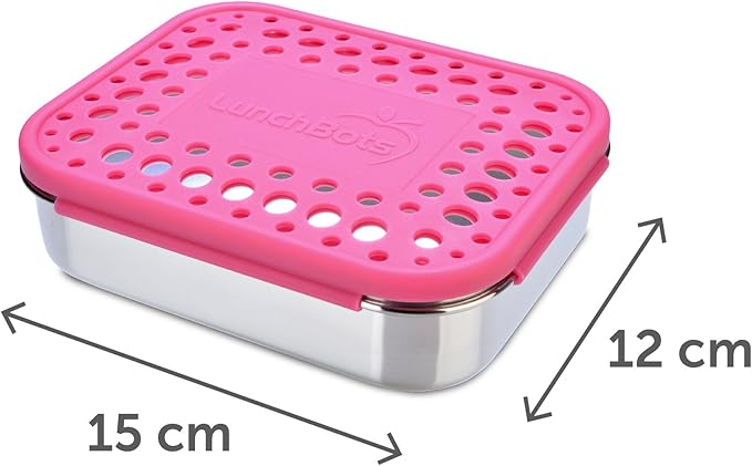 LunchBots Medium Trio II Snack Container - Divided Stainless Steel Food Container - Three Sections for Snacks On the Go - Eco-Friendly, Dishwasher Safe, BPA-Free - Stainless Lid - Pink Dots