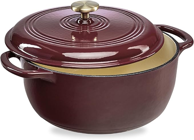 Best Choice Products 6 Quart Enamel Cast-Iron Round Dutch Oven, Family Style Heavy-Duty Pre-Seasoned Cookware for Home, Kitchen, Dining Room, Oven Safe w/Lid, Dual Handles - Cabernet Red