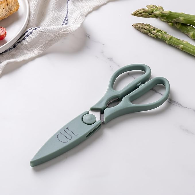 Rae Dunn Kitchen Scissors- Stainless Steel Kitchen Shears, Cooking Scissors for Cutting Meat, Chicken, Herbs and Produce with Blade Cover and Soft Grip Handles (Sage)