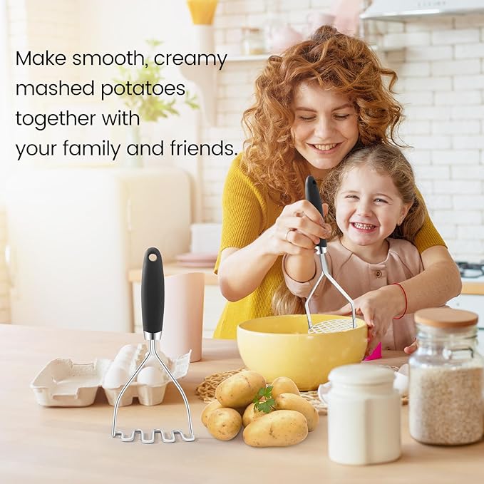 2Pcs Potato Masher, Premium Stainless Steel Mashed Potato Masher Kitchen Tool with Silicone Handle, Integrated & Wire Food Smasher Set for Mashing Potatoes, Veggies, Fruits, Avocado, Meat