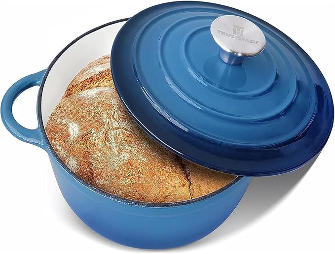 Trustmade 4.5 QT Cast Iron Dutch Oven, Enamel Coated Cookware Pot with Self Basting Lid for Home Baking, Braiser, Cooking, Blue