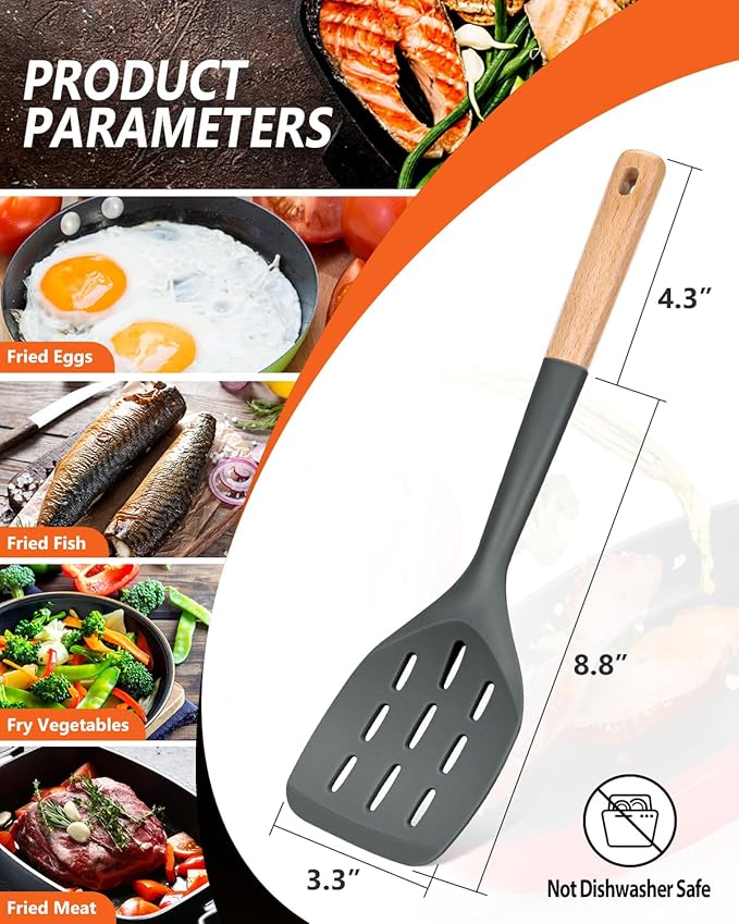 Pack of 2 Silicone Spatula, Non Stick Cooking Utensil Set Wooden Handle Kitchen Turner for Baking Mixing Grilling Serving Food Heat Resistant Non Scratch Hooks Included (Grey)
