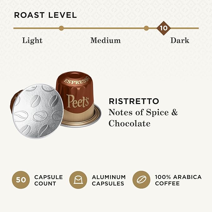 Peet's Coffee, Dark Roast Espresso Capsules, Compatible with Nespresso Original Machine - Ristretto Intensity 10, 50 Count (5 Boxes of 10 Espresso Capsules)