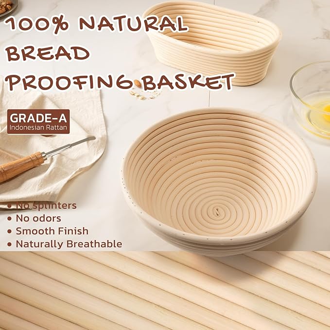 Astercook Sourdough Starter Kit with Round & Oval Banneton Bread Proofing Basket, Bread Sling, Starter Jar, Dough Whisk, Scrapers, Stencils, Cooling Rack & Bag Complete Sourdough Bread Baking Supplies