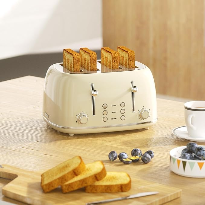 Toaster 4 Slice, Retro Stainless with 6 Bread Shade Settings,1.5''Wide Slots Toaster with Cancel/Defrost/Reheat Functions,Dual Independent Control Panel, Removal Crumb Tray (Cream)