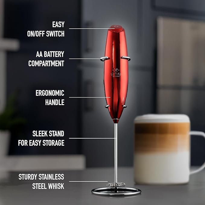 Zulay Kitchen Executive Series Luxury Gift Milk Frother – Handheld Electric Foam Maker for Coffee, Lattes & Hot Chocolate – Deluxe Finish, Great Fir for Coffee Lovers (Cardinal Red)