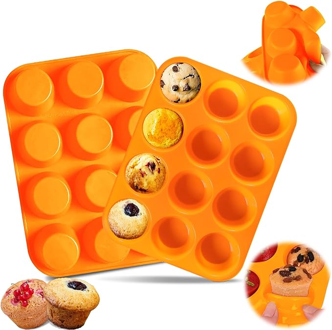12 Cups Silicone Muffin Pan, Nonstick Cupcake Pan, Heat Resistant Silicone Muffin Tin, Reusable Cupcake Moulds Baking Pan for Cakes, Bread (Orange-2 Packs)