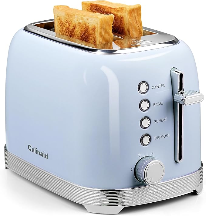 Toaster 2 Slice Retro Stainless Steel with 1.5” Extra Wide Slots Bagel, Defrost, Reheat, Cancel Functions, 6 Bread Shade Settings, Removable Crumb Tray, Blue