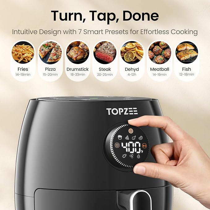 Topzee Small Air Fryer, 2.1QT Mini Compact 4-in-1 Air Fryer for 1–2 People, 98% Less Oil, Adjustable Temp & 60Min Timer, Quiet, Nonstick Dishwasher Safe, BPA-Free, Dark Grey