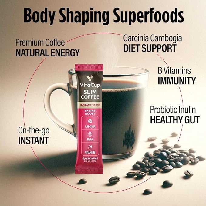 VitaCup Slim Instant Coffee Packets, with Garcinia, Fiber, B Vitamins, Bold & Smooth, Medium Dark Roast, 100% Arabica Coffee in Single Serve Sticks, 10 Ct