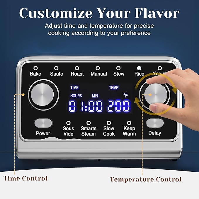 Sunvivi 8 Quart Slow Cooker Roaster Oven, 12 in 1 Programmable Multi-Cooker Food Warmer with Digital Timer, Temp Control, Removable Cast Aluminum Pot & Dishwasher-Safe Tempered Glass Lid, Blue