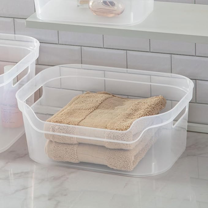 Sterilite 5.25x9.5x13 In Medium Polished Open Scoop Front Storage Bin w/Comfortable Carry Through Handles for Household Organization, Clear (32 Pack)