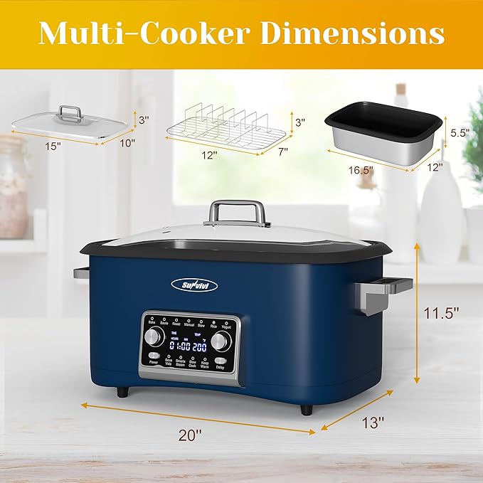 Sunvivi 8 Quart Slow Cooker Roaster Oven, 12 in 1 Programmable Multi-Cooker Food Warmer with Digital Timer, Temp Control, Removable Cast Aluminum Pot & Dishwasher-Safe Tempered Glass Lid, Blue