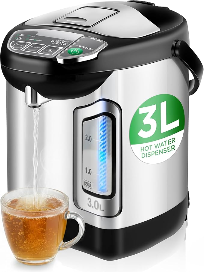 NutriChefKitchen Electric Water Boiler and Warmer - 3L/3.17 Qt Stainless Steel Electric Hot Water Dispenser w/Rotating Base, Auto Shut Off, Safety Lock, Instant Heating for Coffee & Tea (NCHUB13)