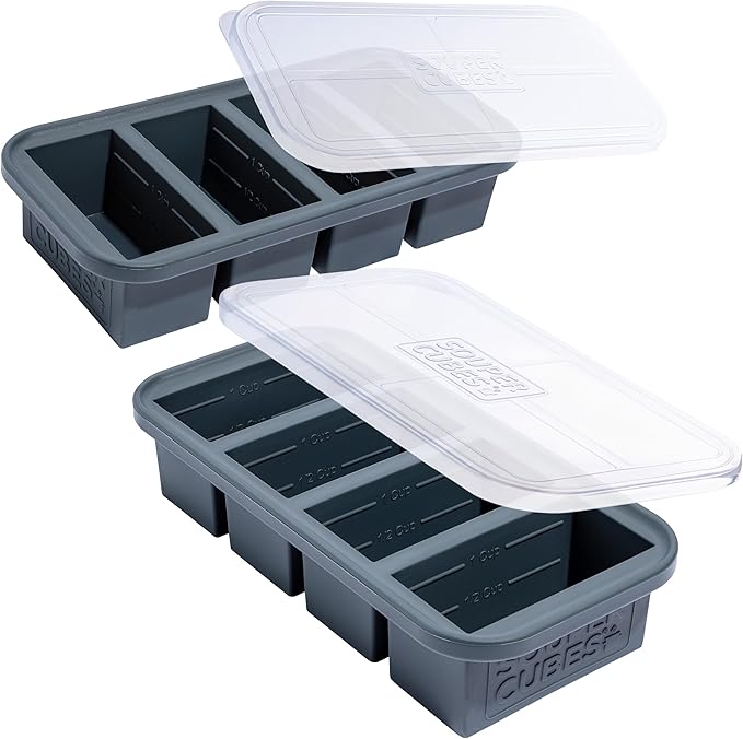 Souper Cubes 1 Cup Silicone Freezer Tray with Lids, Perfect for Storing Broth, Leftovers, Rice, Sauce and More, Silicone Soup Freezer Molds for Meal Prepping - Charcoal - 2-Pack