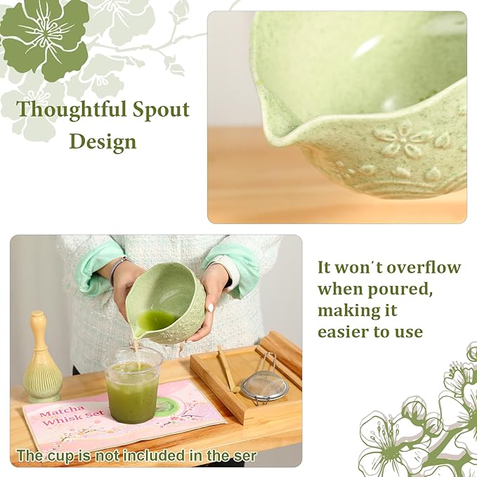 6pcs Matcha Whisk Set Includes Resin Matcha Whisk,Ceramic Matcha Bowl Set and Sifter,Matcha Whisks Holder,Natural Bamboo Spoon and Tea Towel for Matcha Starter Kit Lovers (Mottled Green)