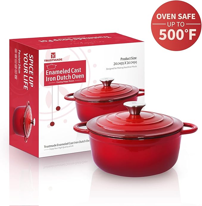 Trustmade 4.5 QT Cast Iron Dutch Oven, Enamel Coated Cookware Pot with Self Basting Lid for Home Baking, Braiser, Cooking, Red