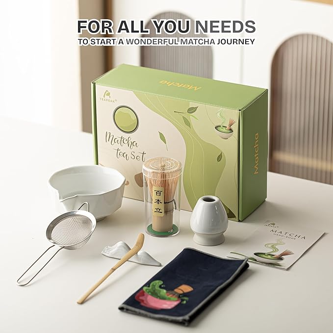 7 PCS Matcha Whisk Kit with Bowl & Scoop, Bamboo Whisk and Sifter, Traditional Japanese Tea Set for Matcha Lovers – Complete Matcha Gift Kit (White)