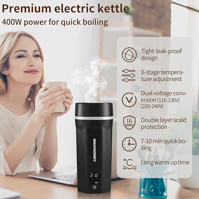 Travel Electric Kettle, Dual Voltage 110V-240V Portable Kettle 6-Temp Control,304 Stainless Steel Small Mini Tea Coffee Kettle,400W Fast Water Boiler, Black (550ML)