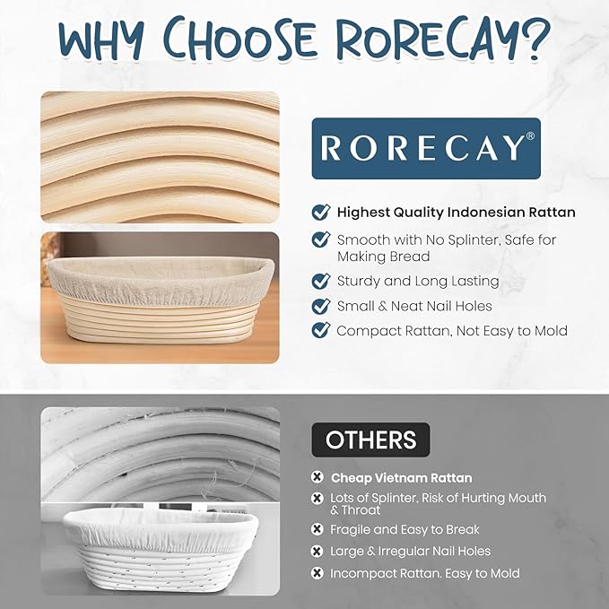 Rorecay Banneton Bread Proofing Baskets Set of 2, 10 Inch Oval Cane Sourdough Bread Rising Basket Bowls with Sourdough Bread Lame Dough Scraper Basting Brush for Sour Dough Proofing Fermentation