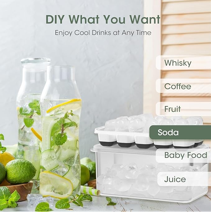 DOQAUS Ice Cube Tray with Lid and Bin, 4 Pack Silicone Plastic Ice Cubes Trays for Freezer with Box/Container, Stackable with Storage Iced Bucket Kits, Scoop, for RV, Soup, Food, Cocktail, Coffee