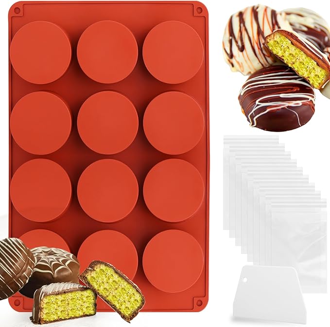 Mity Rain Silicone Chocolate Bar Molds - Round, Fix Pistachio Cream Filling, Dubai Candy Bar Molds with Scraper & Bags (1pc)
