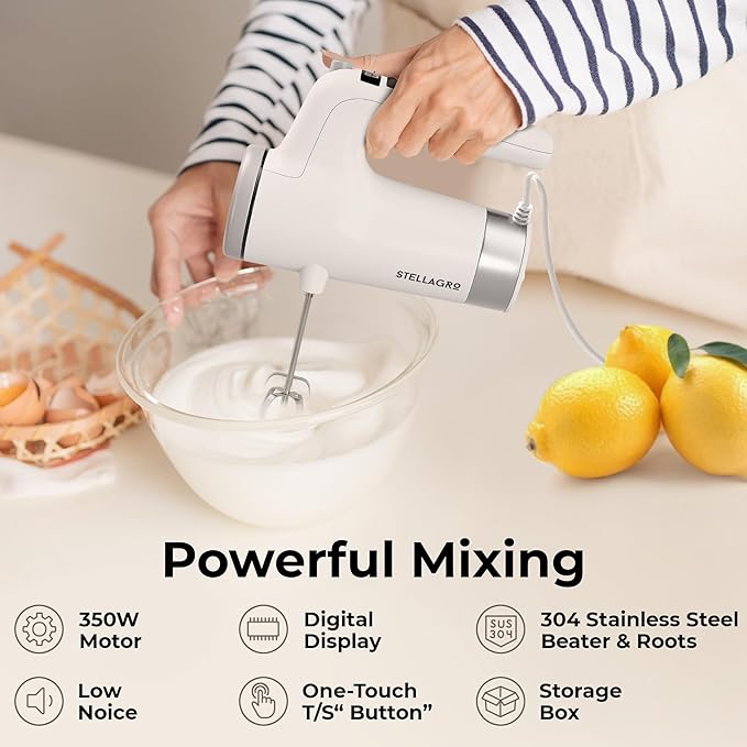 9 Speed Electric Handheld Mixer with Stainless Steel Whisk Beater Attachments & Snap Storage Case, Compact Lightweight 350 W Powerful hand held mixer for Baking & Cooking, White