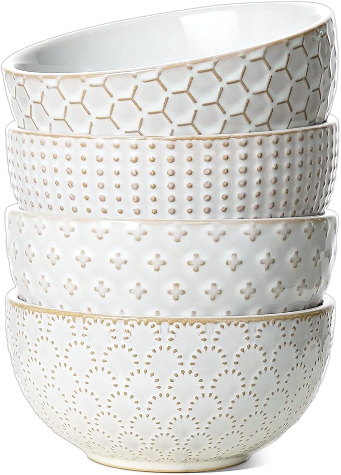 LE TAUCI Small Bowls 12 OZ, Ice Cream Bowl, Ceramic Embossment Stoneware Bowl, Bowls Set for Dessert, Fruits, Side Dishes, Suit For Housewarming - 4.5 Inch, Set of 4, Arctic white