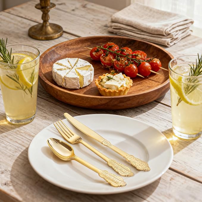 WDF 200 Pieces Gold Plastic Silverware Disposable - 50 Guests Heavy Duty Thanksgiving Gold Plastic Cutlery - Disposable Utensils Includes 100 Forks, 50 Spoons, 50 Knives Perfect for Party/Weeding