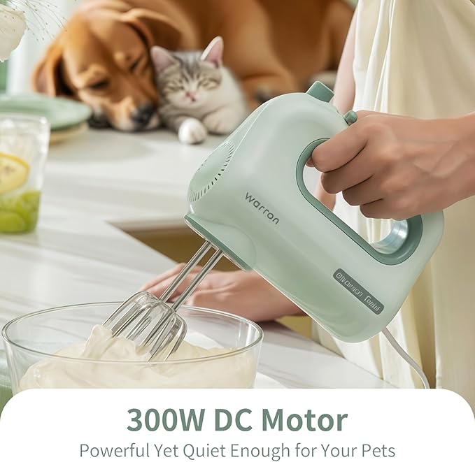 300W Compact Lightweight Electric Hand Mixer, with Powerful Quiet DC Motor for Baking, Cake, Brownies, Cookie Dough, Ideal for Home Kitchen (Green)