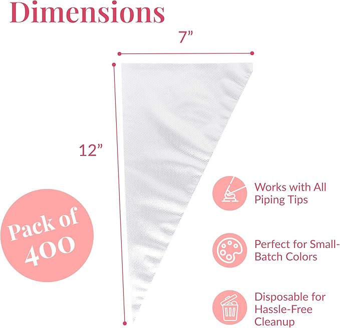 Prestee 400 Anti Burst Disposable Piping Bags, 12" - Pastry Bags, Icing Piping Bags, Tipless Piping Bags, Frosting Bags, Piping Bag, Cake Decorating Bags, Christmas Holiday Cake and Cookie Decoration