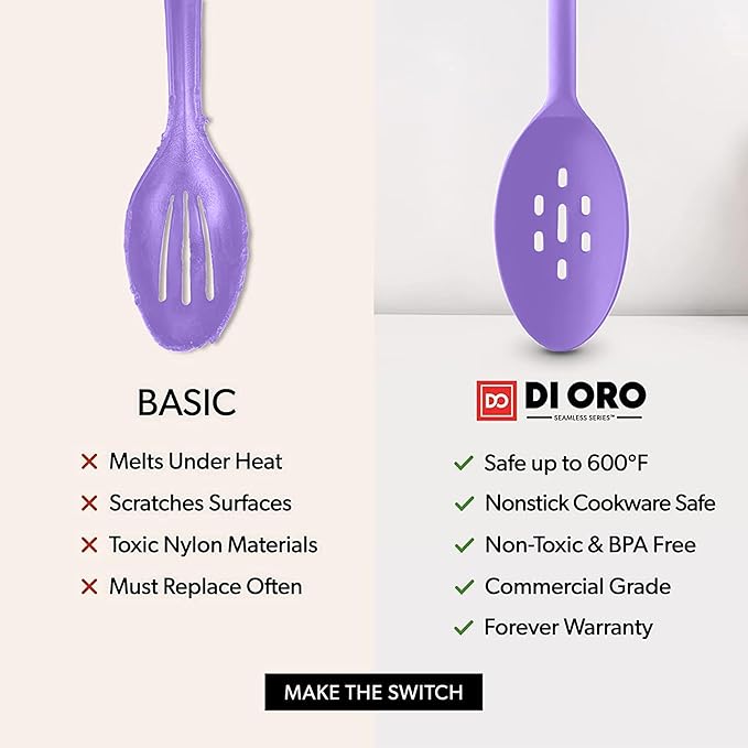 DI ORO Silicone Spoons for Cooking - Large Kitchen Spoons for Mixing, Serving & Stirring - 600°F Heat-Resistant Non Stick Utensils – Big Solid & Slotted Basting Spoon - Dishwasher Safe (2pc, Lavender)