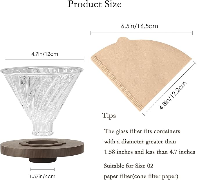 Pour Over Coffee Dripper with 100 pcs Size 02 Paper Filter, Walnut Handle and Borosilicate Glass, Glass Coffee Dripper, Hold for 1-4 Cups